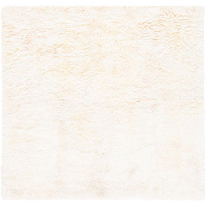 Luxurious Hand-Knotted Sheepskin White and Beige 6' Square Rug