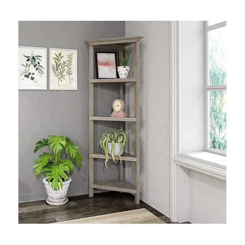 Cottage Charm Washed Grey Wood Corner Bookcase, 59.75"