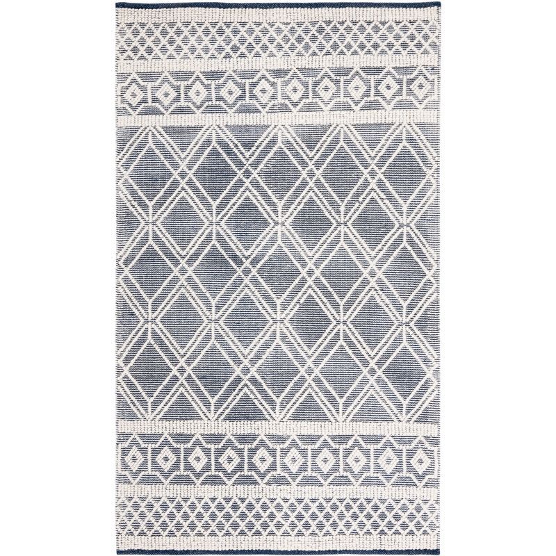 Ivory and Navy Handwoven Wool Rectangular Rug