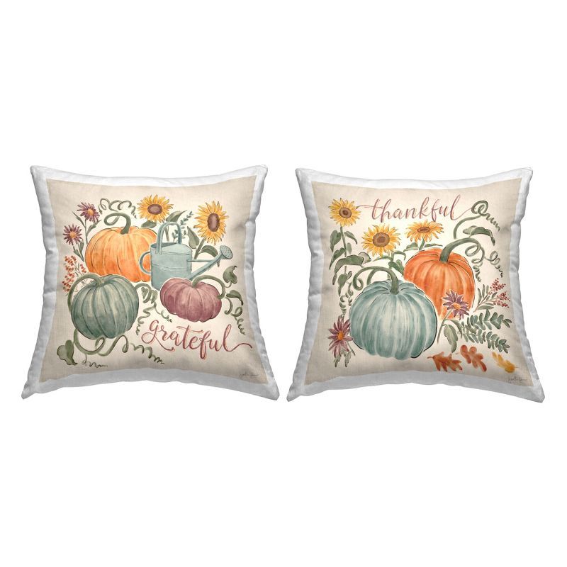 Autumnal Floral Pumpkins Decorative Square Throw Pillows Set