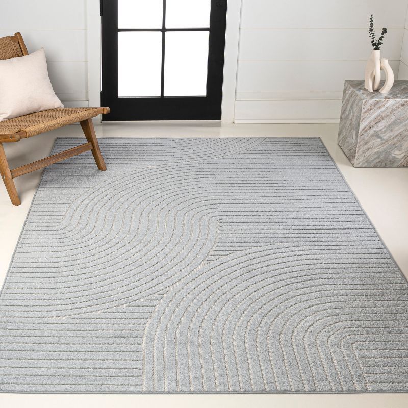 Light Blue and Cream Geometric Synthetic 4' x 6' Area Rug