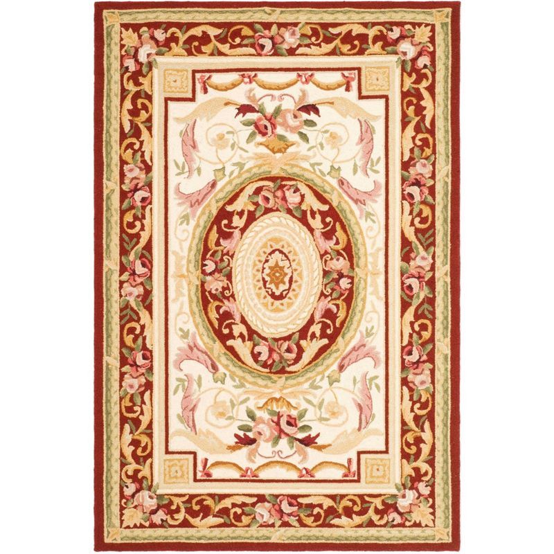 Elegant Ivory & Burgundy Hand-Knotted Wool Round Rug