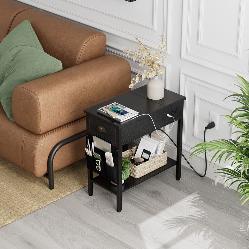 Black MDF End Table with Storage and Charging Station