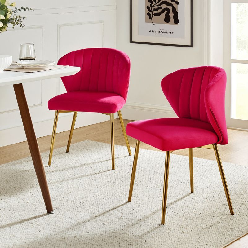 Fuchsia Velvet Upholstered Side Chair with Gold Legs, Set of 2