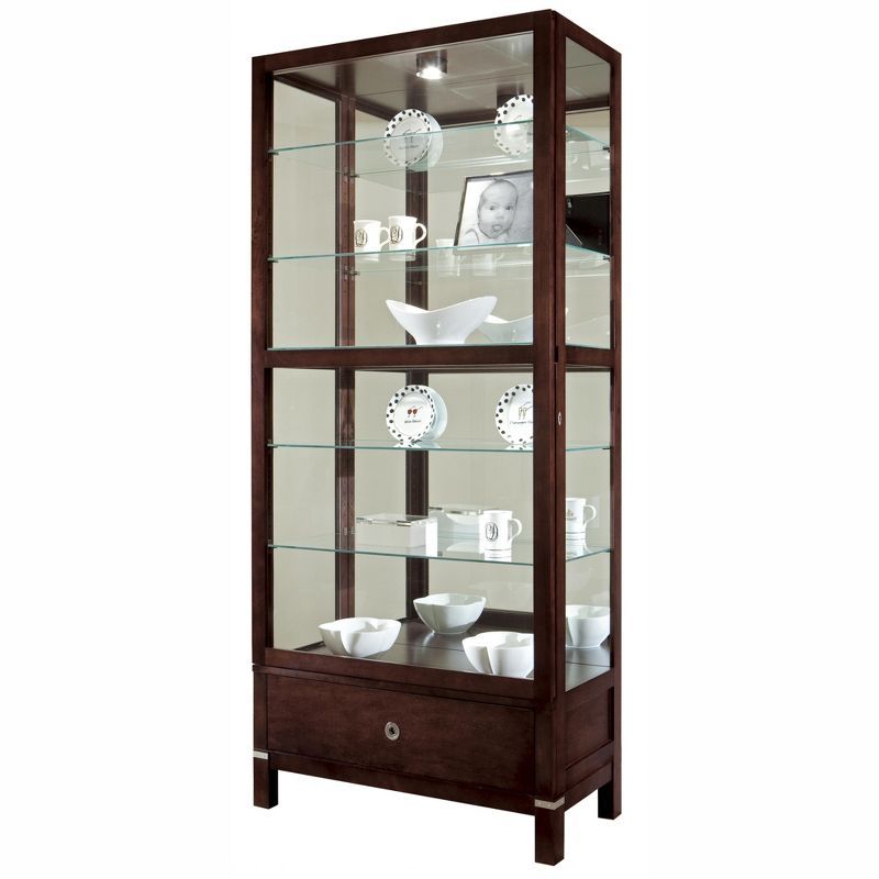 Espresso Traditional Lighted Curio Cabinet with Mirrored Back