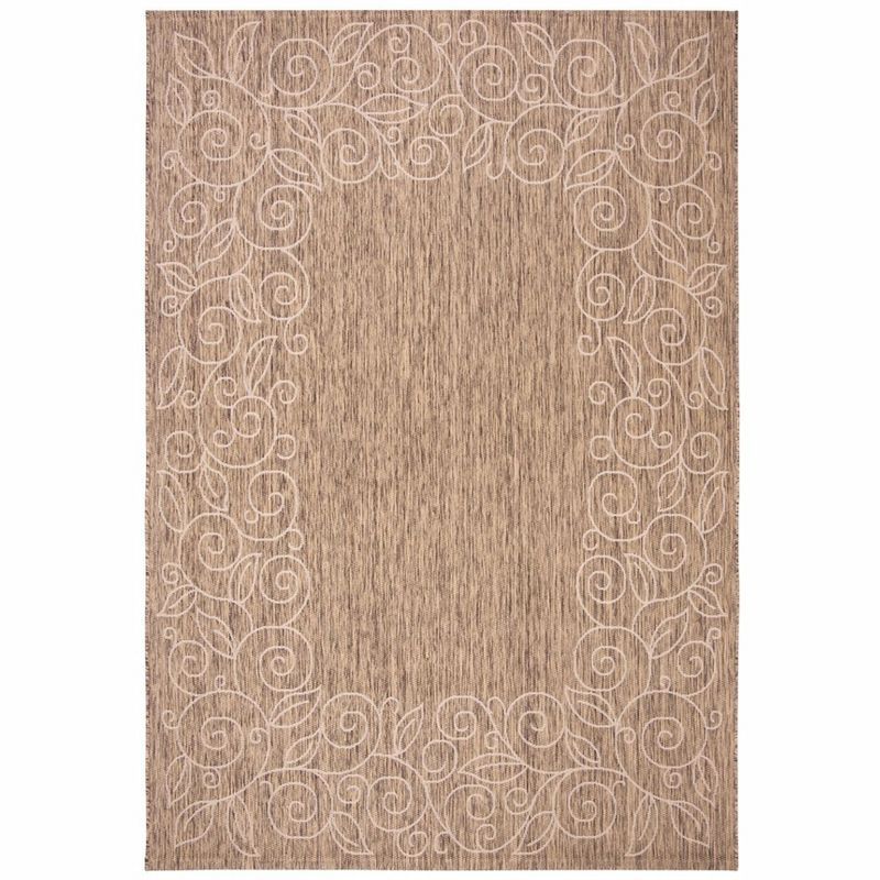 Dark Beige Floral Border Synthetic Outdoor Area Rug