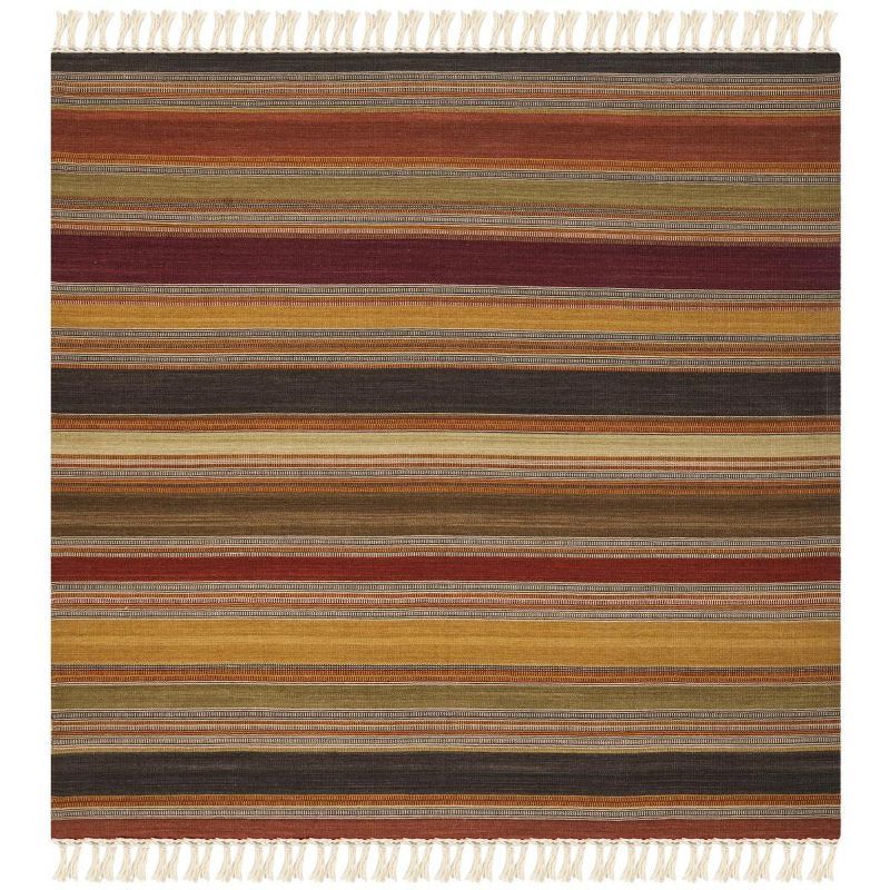 Red and Gold Striped Wool Square Kilim Rug, 7'x7'