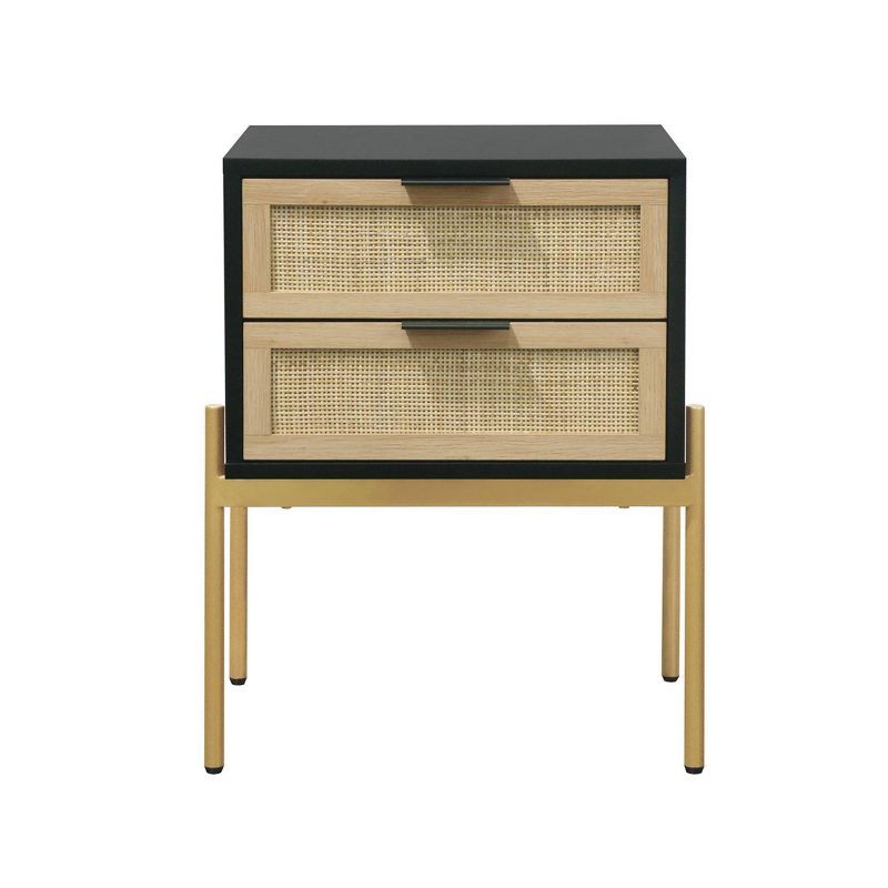 Andrew Black and Light Oak Rattan 2-Drawer Nightstand with Brass Legs