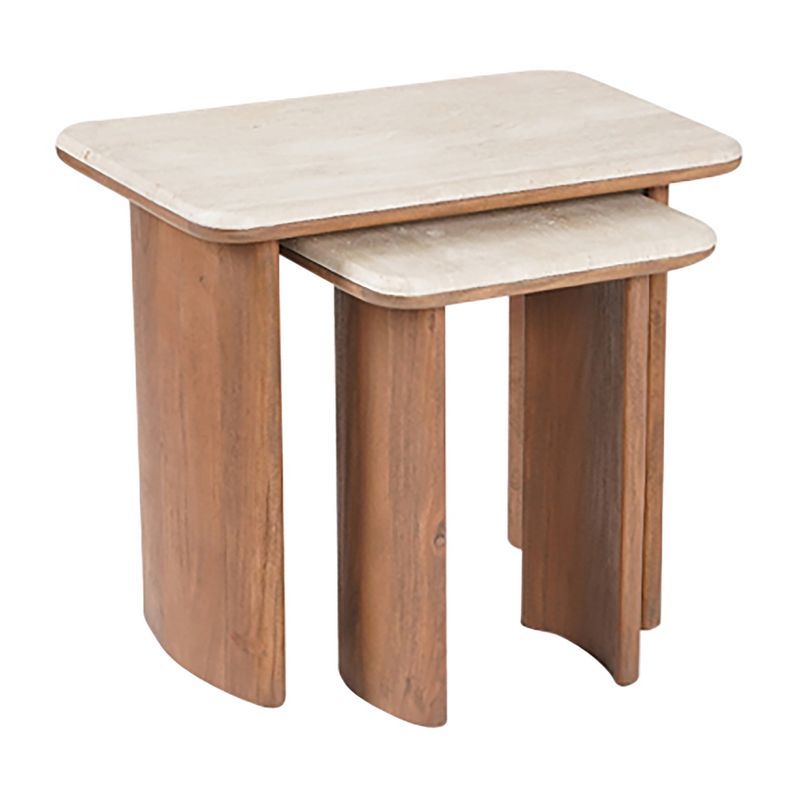 Brown Travertine and Acacia Wood Nested Side Tables Set