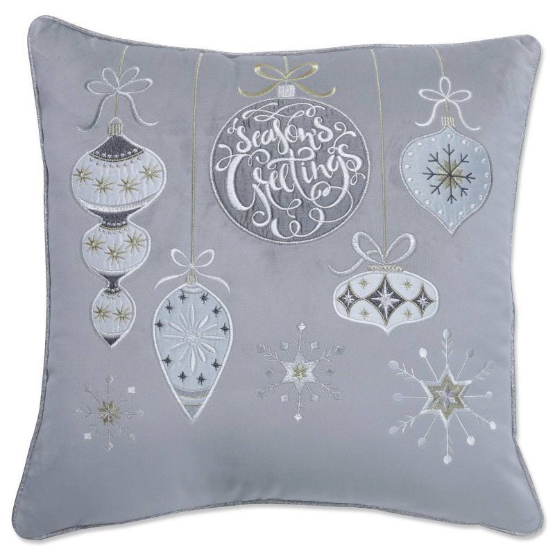 Gray Velvet Embroidered Holiday Ornaments Euro Pillow Cover