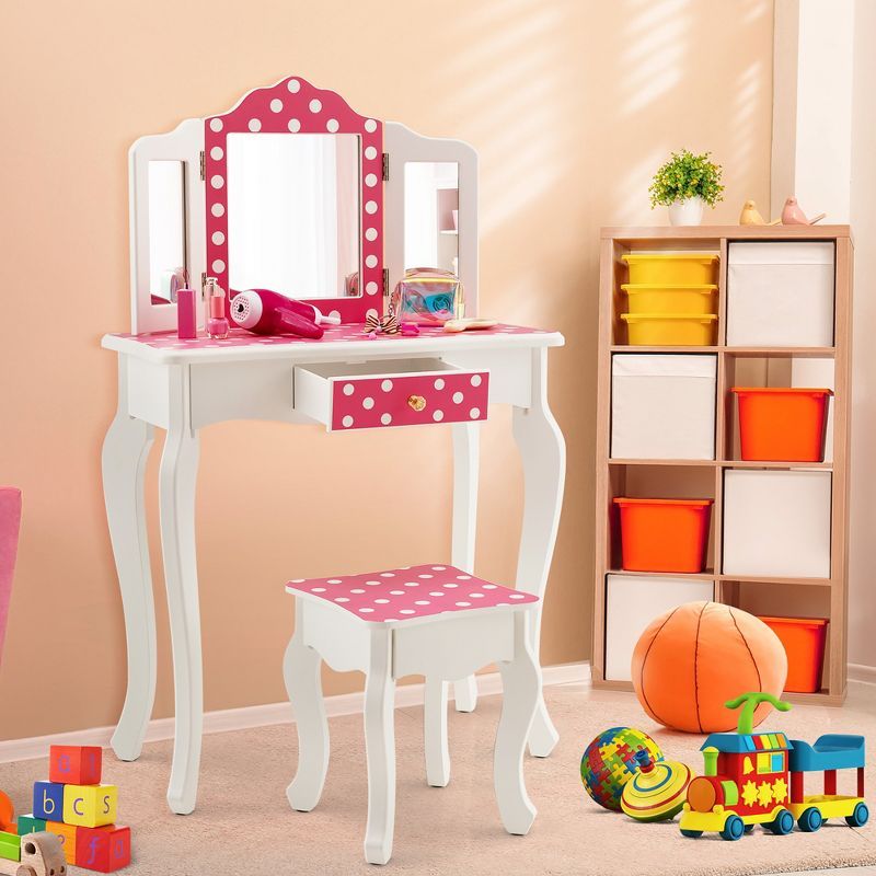 Pink Polka Dot Kids Vanity Set with Tri-Folding Mirror and Stool