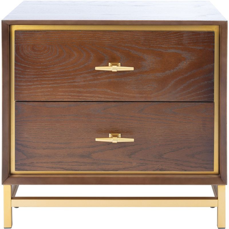 Walnut and Brass 2 Drawer Modern Nightstand with Gold Trim