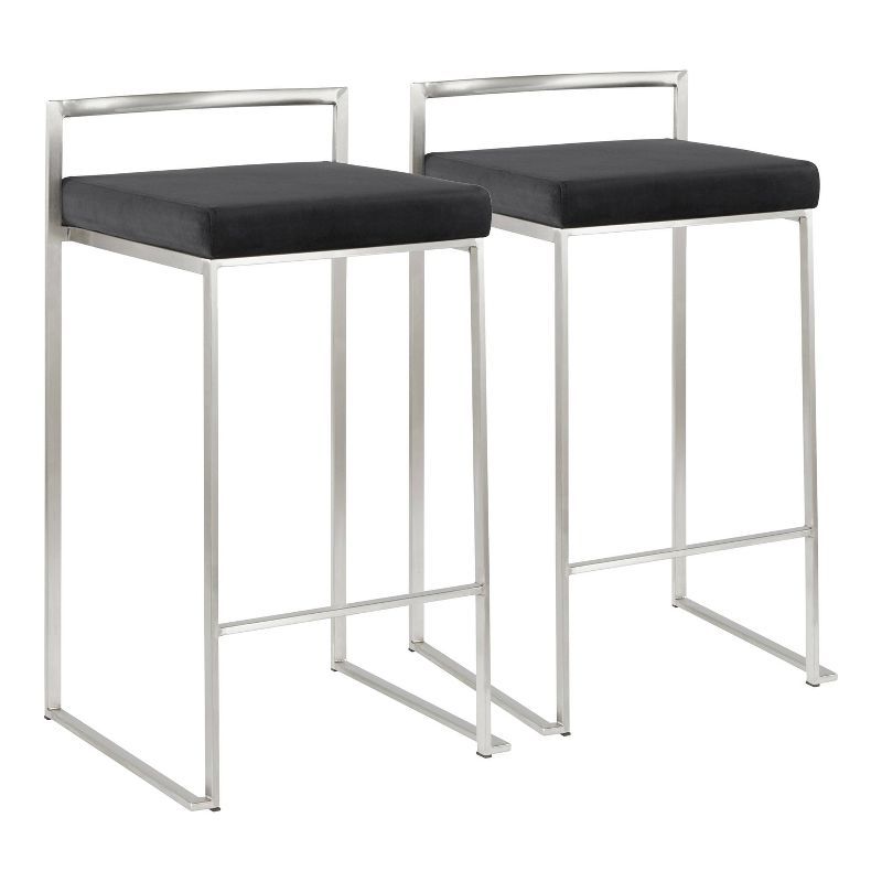 Fuji Brushed Stainless Steel Stackable Counter Stools with Black Velvet Cushion, Set of 2