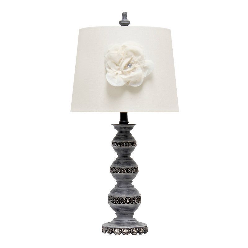 Aged Bronze Stacked Ball Table Lamp with Linen Flower Shade