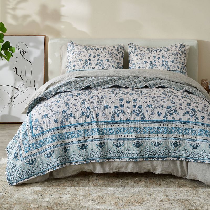 Blue Floral Microfiber Twin Reversible Quilt Set