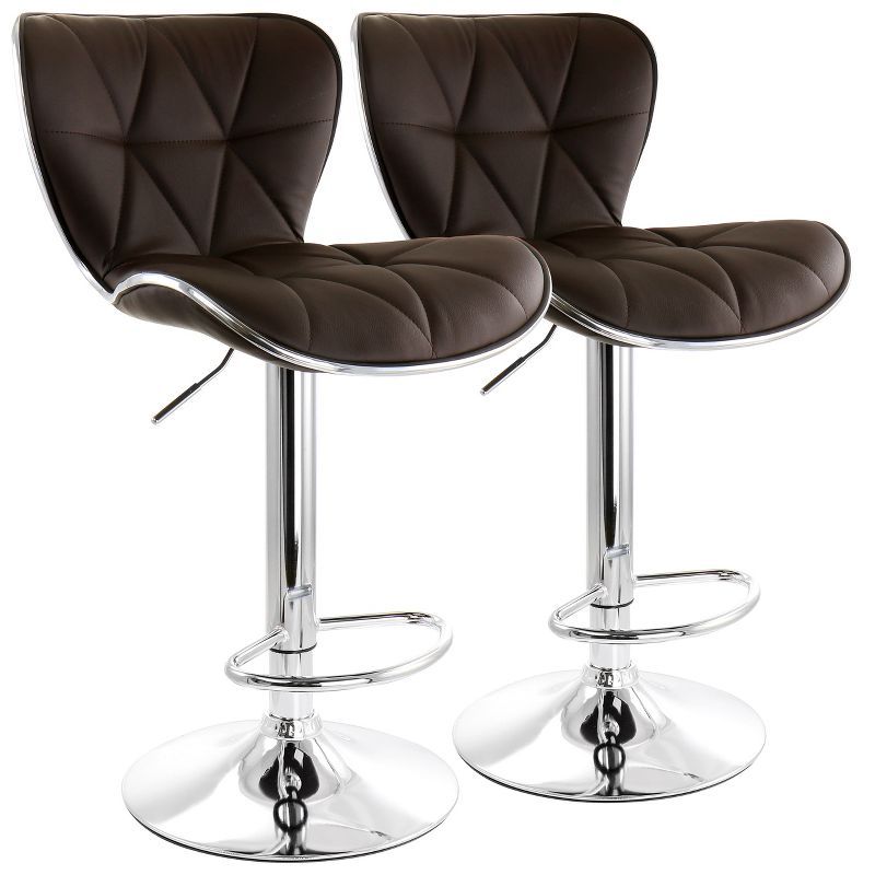 Adjustable Swivel Brown Leather & Chrome Bar Stool Set