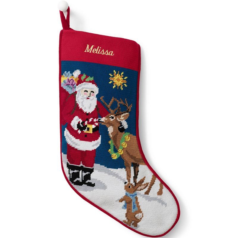 Red and Blue Needlepoint Christmas Stocking with Santa and Reindeer