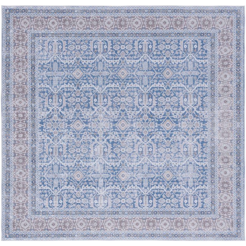 Blue and Rust 6' x 6' Square Washable Synthetic Area Rug