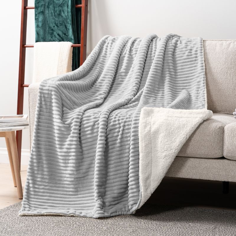 Light Grey Reversible Sherpa Fleece Throw Blanket