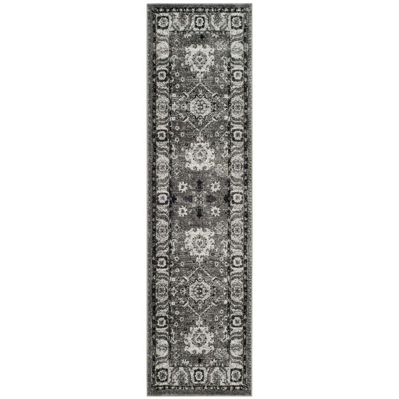 Gray and Black Vintage Hamadan 26"x8" Synthetic Runner Rug