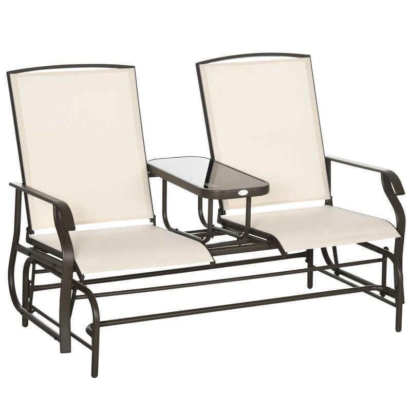 Beige Steel Frame 2-Person Outdoor Glider Bench with Center Table