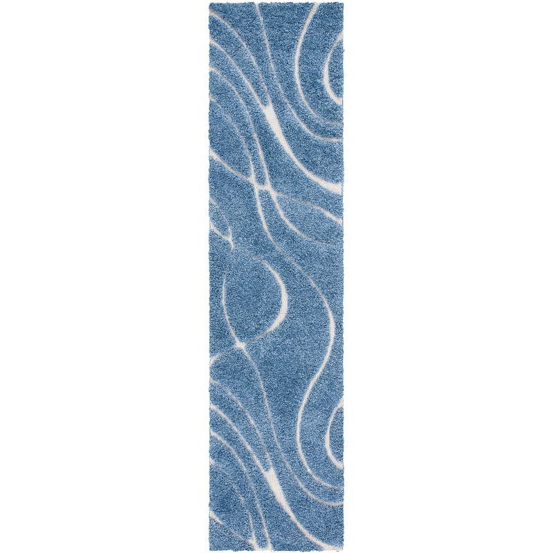 Elysian Light Blue and Cream Hand-Knotted Shag Area Rug - 2'3" x 11'