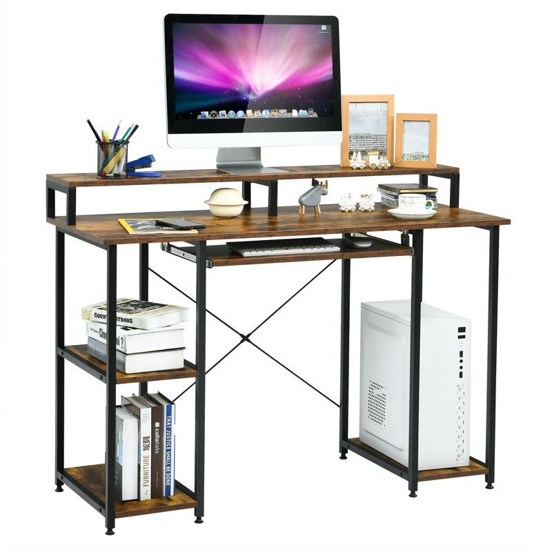 Black and Brown Wood Computer Desk with Keyboard Tray and Shelves