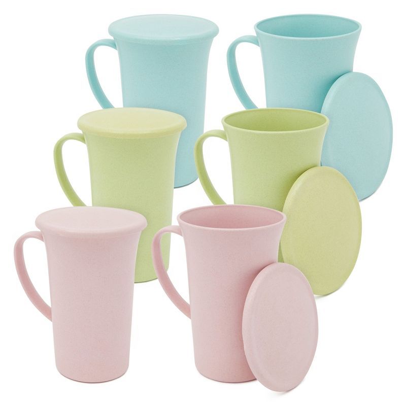 Pastel Pink, Green, and Blue Wheat Straw Mugs with Lids, Set of 6