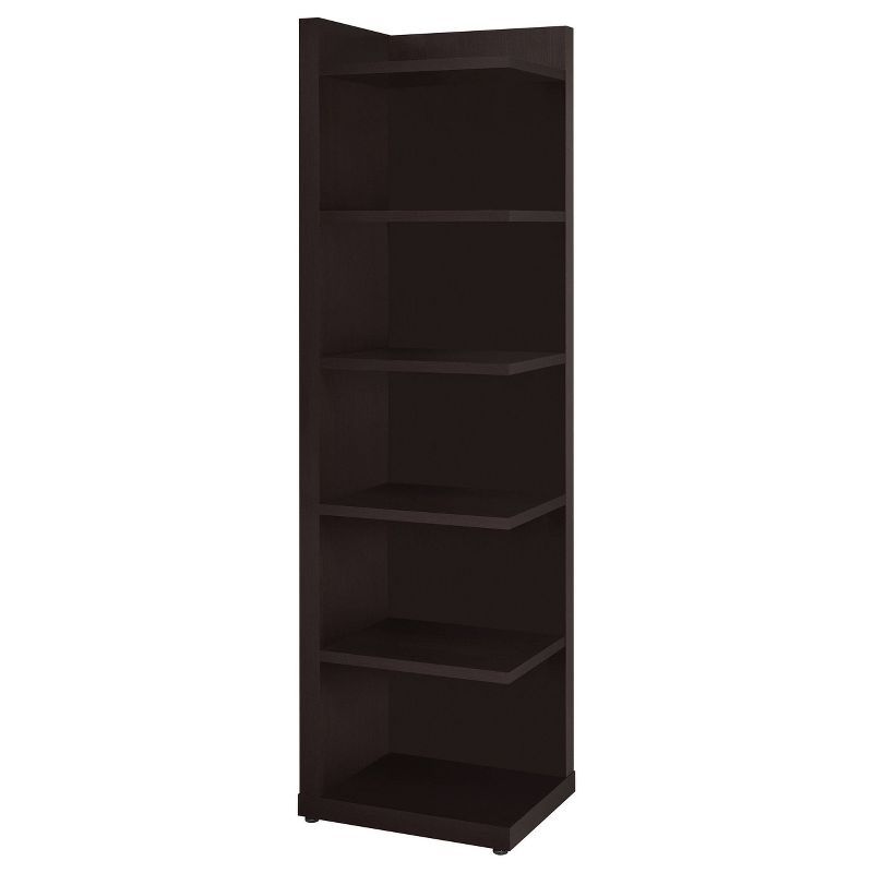 Transitional Cappuccino Brown Corner Bookcase with Adjustable Shelves