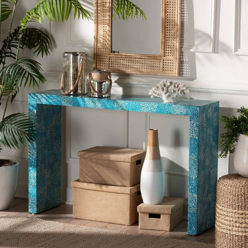 Blue Mother of Pearl Wood Console Table with Storage