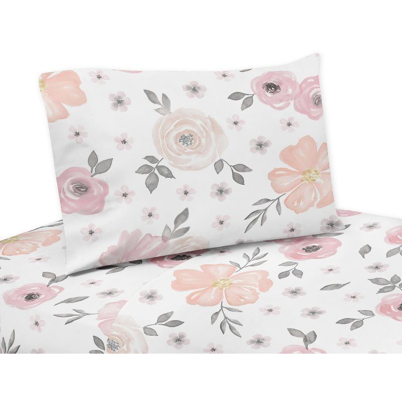 Blush Pink and Grey Floral Microfiber Queen Sheet Set