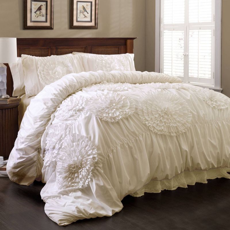 Ivory Microfiber Floral 3-Piece Comforter Set