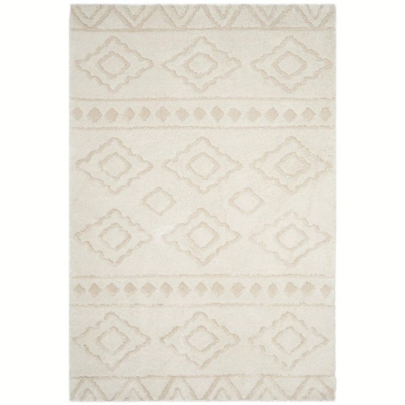 Ivory/Beige Geometric Soft Shag Synthetic Area Rug, 5'1" x 7'6"