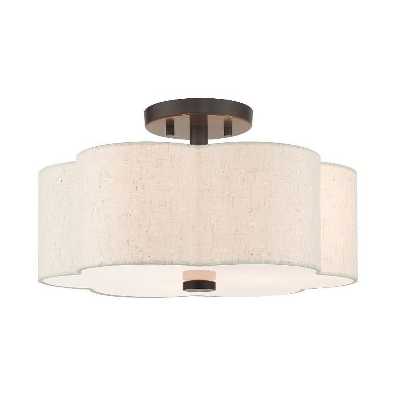 Solstice English Bronze 3-Light Indoor Drum Flush Mount with Oatmeal Shade