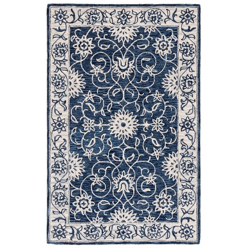 Ivory and Navy Floral Handmade Wool Area Rug, 3' x 5'