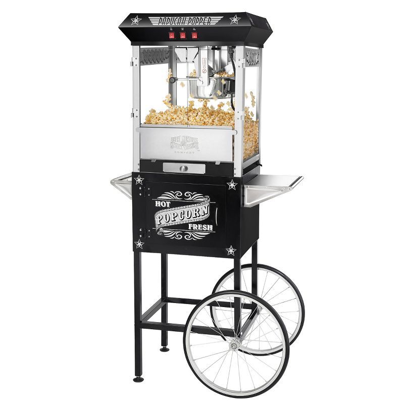 Black Antique-Style Popcorn Machine with Cart and Stainless Steel