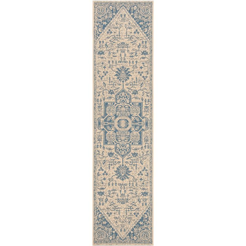 Blue and Creme Medallion Synthetic Indoor/Outdoor Runner Rug