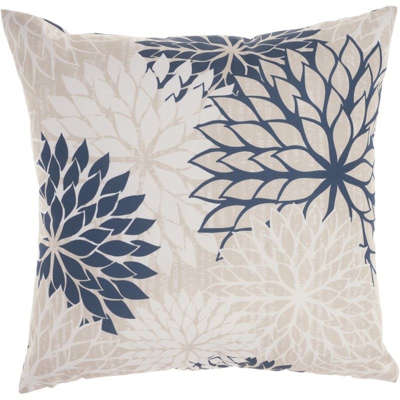 Ivory and Navy Floral Square Outdoor Throw Pillow