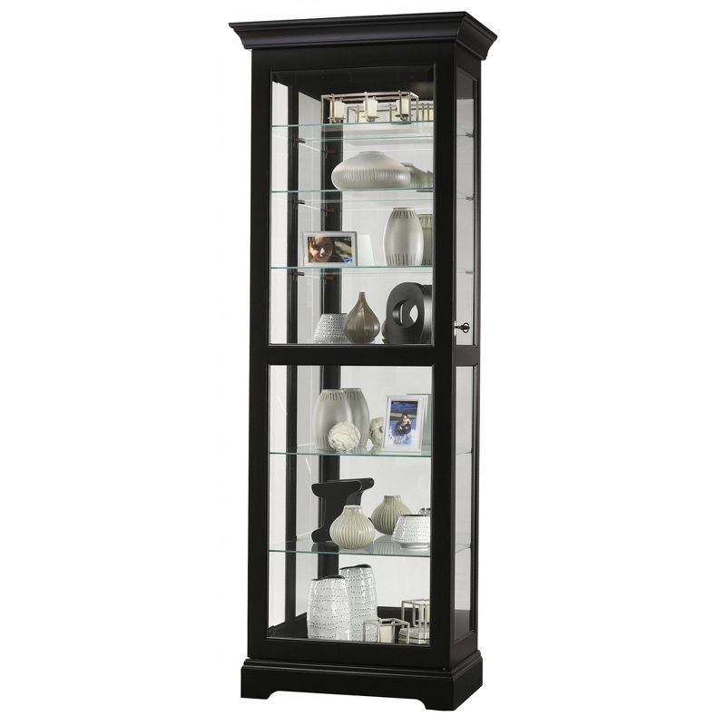 Black Satin Traditional Lighted Curio Cabinet with Glass Shelves