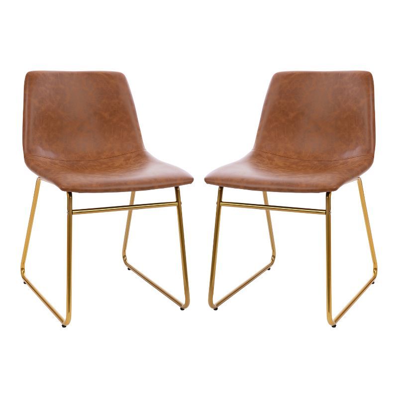 Light Brown LeatherSoft Bucket Dining Chairs with Gold Sled Base, Set of 2