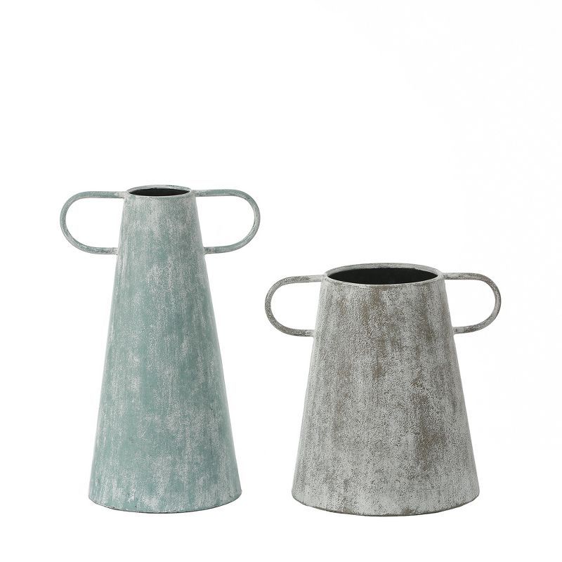 Set of 2 Distressed Blue and Gray Metal Vases