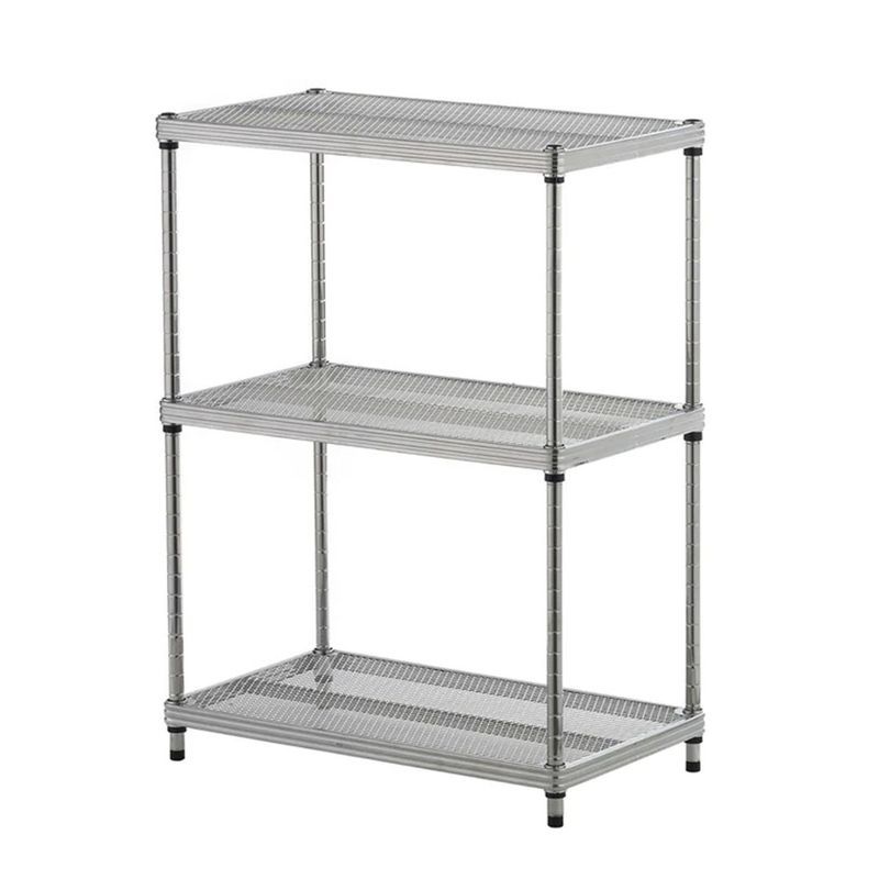 Silver Adjustable 3-Tier Stainless Steel Mesh Storage Shelving Unit