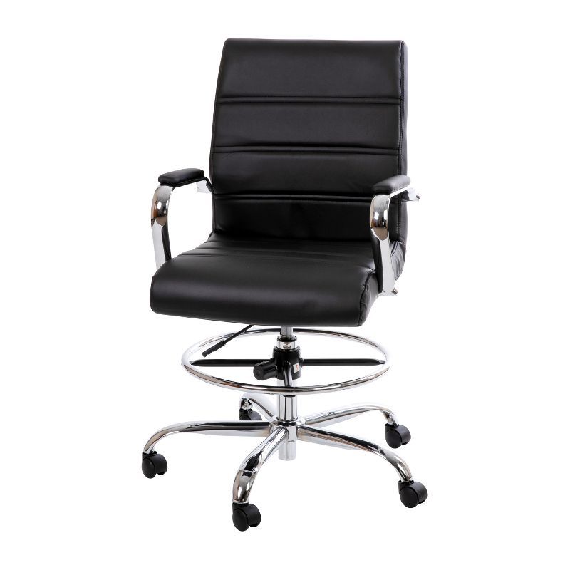 Mid-Back Black Leather Swivel Drafting Chair with Silver Frame