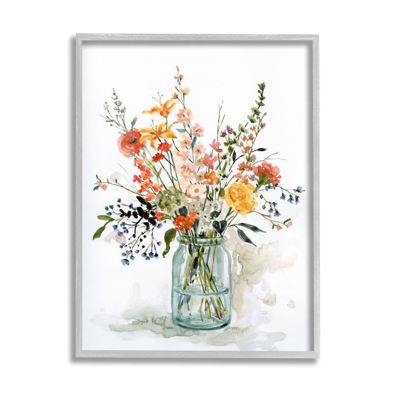 Warm Summer Meadow Floral Bouquet Canvas Print with Gray Frame