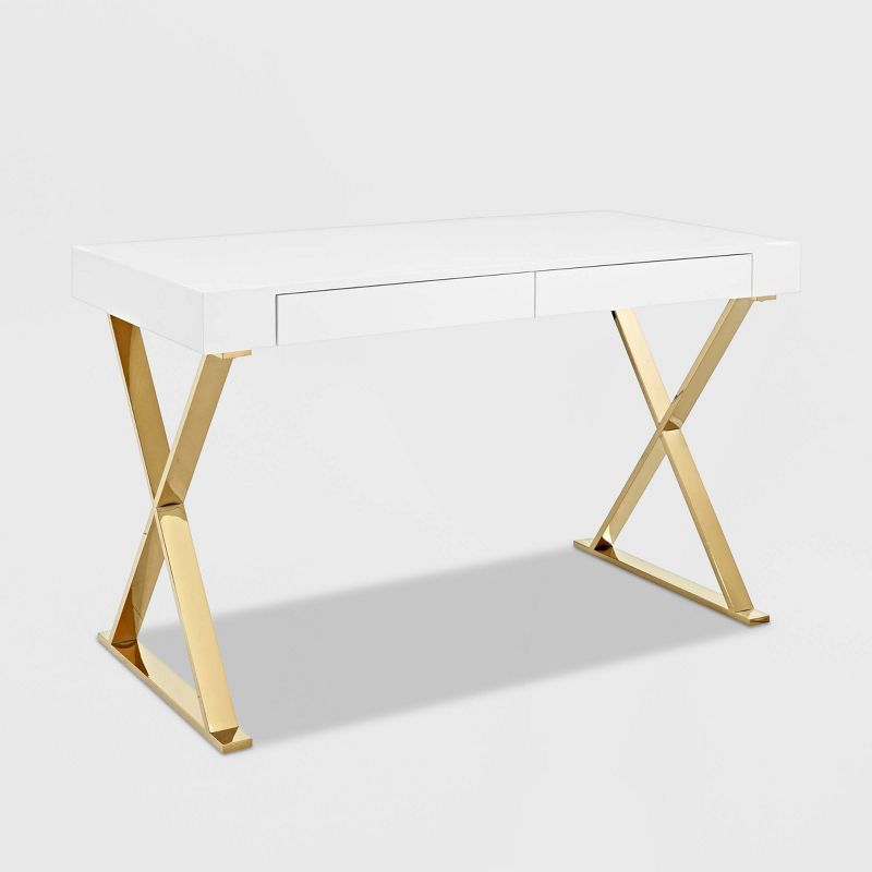 White and Gold X-Base Writing Desk with Drawer