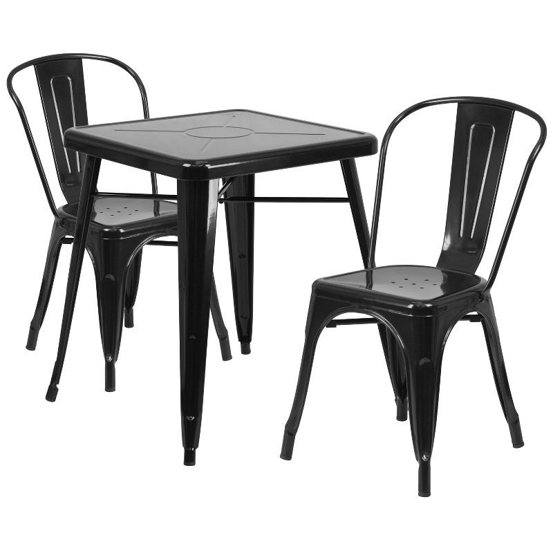 Black Steel Square Indoor-Outdoor Dining Table Set with Two Chairs