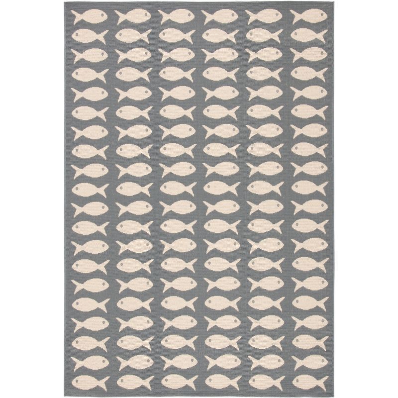 Reversible Rectangular Grey/Beige Synthetic Indoor/Outdoor Rug