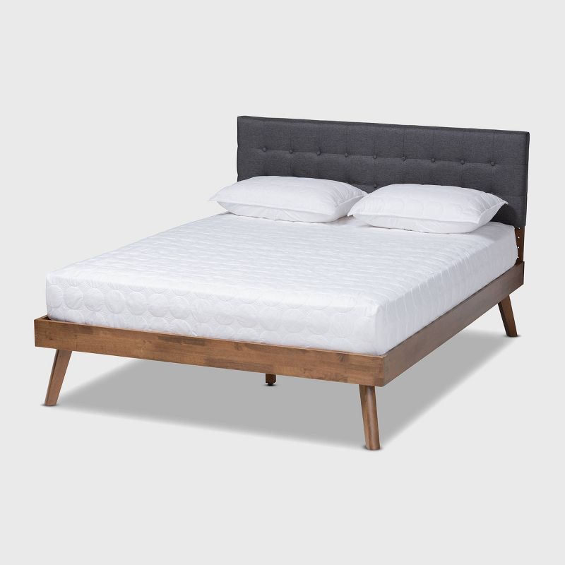 Queen Walnut Wood Platform Bed with Gray Tufted Upholstered Headboard