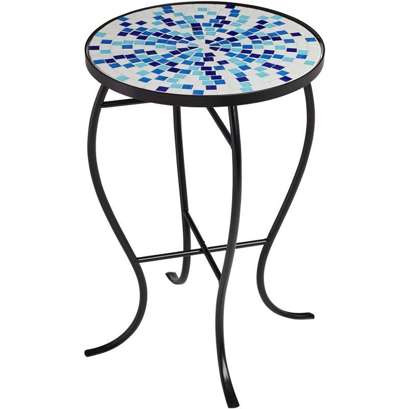 Modern Black Iron Outdoor Side Table with Aqua Mosaic Top