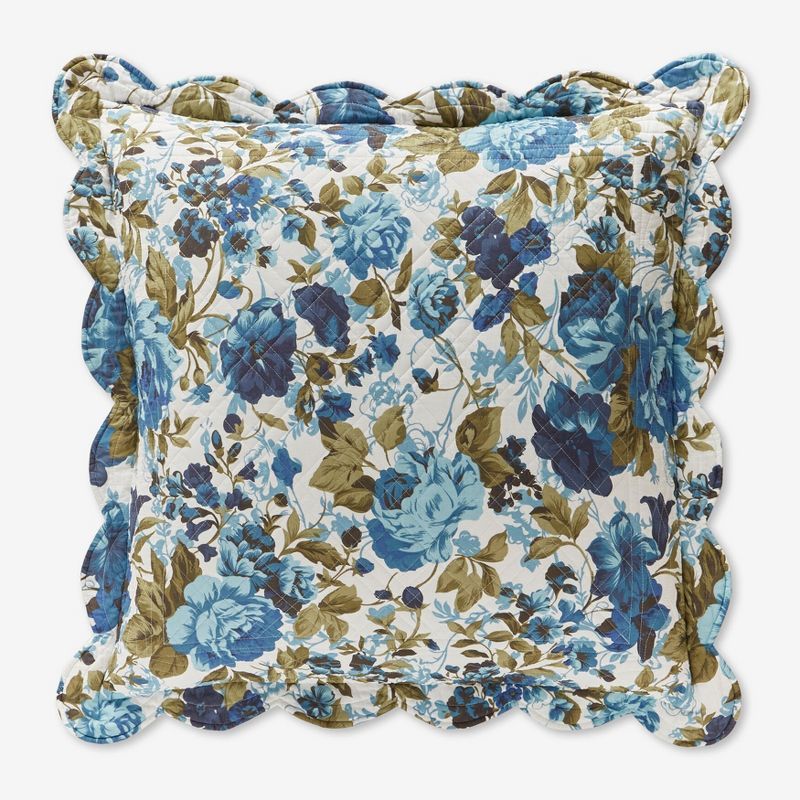 Teal Floral Cotton Euro Sham with Scalloped Edges